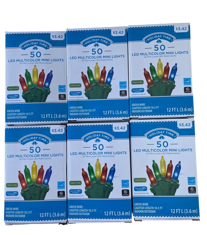 Holiday Time 50 LED Multi-Color Mini Lights. Save Energy Green Wire. Lot Of 6