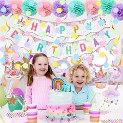 Unicorn Birthday Decorations, Happy Birthday Banner,9pcs Tissue Paper Pom Pom…