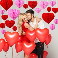 36 Pcs Valentine Heart Honeycomb Decorations Pom Poms Honeycomb Ball Pink, Red