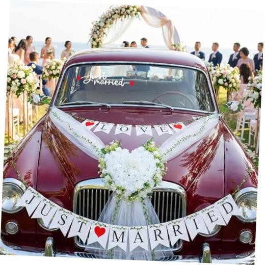 Just Married Car Decorations Set – White Wedding Car Ribbon & Flower Kit with