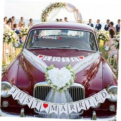Just Married Car Decorations Set – White Wedding Car Ribbon & Flower Kit with