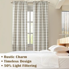 90 Inch Beige White Plaid Semi Sheer Curtains,Extra Long Textured Drapes for …