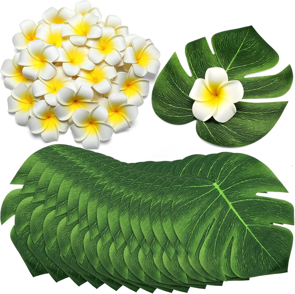 60 Pcs Tropical Party Decor Supplies 30 Pcs 8″ Fak Monstera Leaves 30 Pcs 2.75″