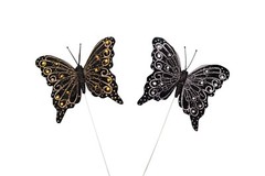 12PC 4″ Black Feather Butterfly w Gold or Silver Glitter DIY Wedding Cake Topper