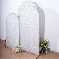 3 SILVER Metallic Tinsel Round Top Arch Polyester STAND COVERS Set Party Events