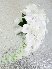 Calla Lilies Simulation Rose Diamonds Pearl Bride Wedding Bouquet (White)