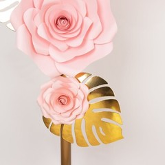 9 PINK 3D Rose Paper Flowers with Gold Monstera Leaves Wedding Decorations