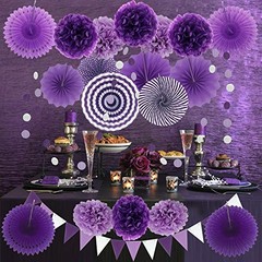 Party Decoration, 21 Pcs and Lavender Hanging Paper Fans, Pom Poms Purple