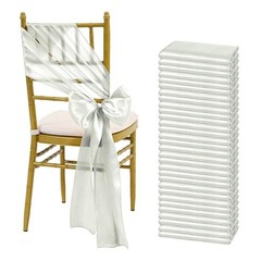 60 PCS 7×108 Inch Satin Chair Sashes Bows Universal Chair Cover 60 Pcs Silver