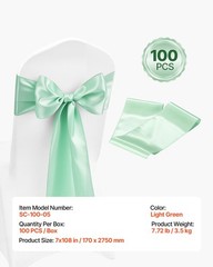 7x108in Light Green Satin Chair Sash Bows & Ribbon Ties – 100PCs