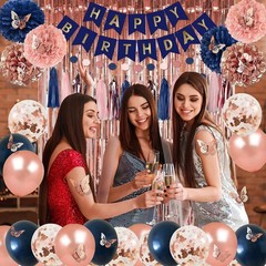 Rose Gold and Navy Blue Birthday Party Decorations with Happy Birthday Banner…