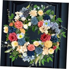 22 inch Spring Artificial Flowers Spring Summer Yellow Blue Rose Wreath