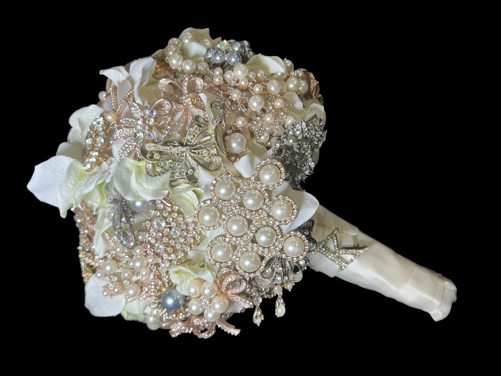 Handmade Bridal Brooch Bouquet Champagne Ivory Pearls Rhinestone Wedding