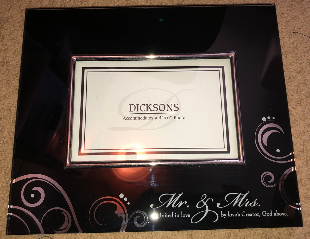 Mr & Mrs United In Love Black Mirror Glass Photo Frame Ornate Script Graphic