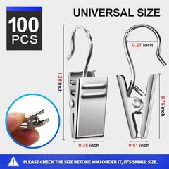 100 PCS Small Curtain Hooks Curtain Clips Bag Clips, Stainless Steel Silver