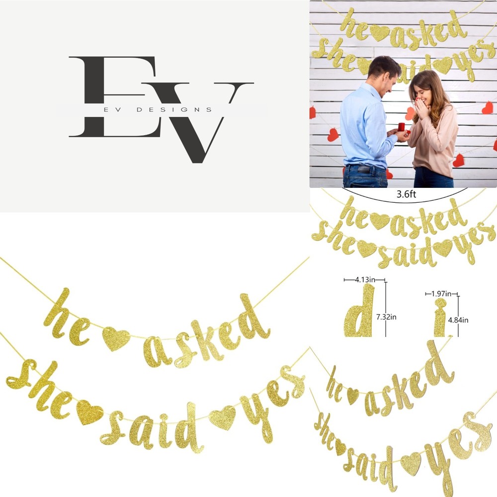 Elegant Gold Glitter ‘He Asked She Said Yes’ Banner for Weddings & Engagements
