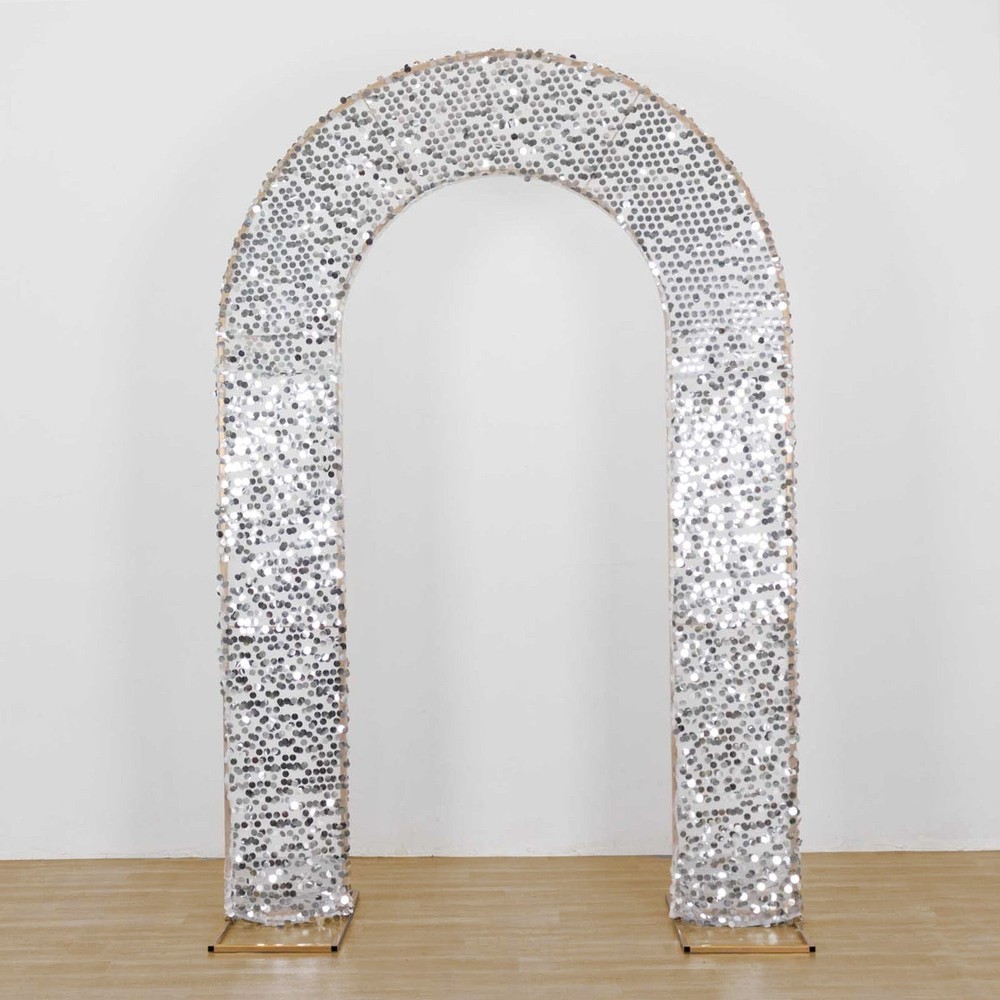 8ft SILVER Fitted Big Payette Sequin Open Arch Double Sided STAND COVER Party