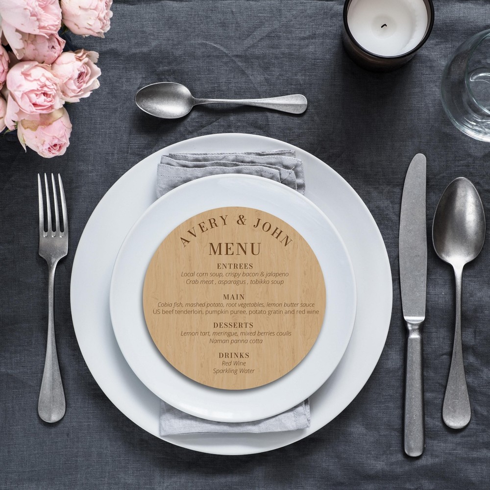 Engraved Wooden/ Acrylic Round Wedding Table Menu Plaque