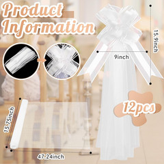 Large White Wedding Pew Bows with Tulle Tails – 12 Set Aisle Decorations