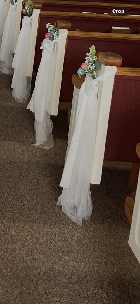 White Wedding Chair Sash w/ Tulle Bow & Flower, 24 Count Fabric