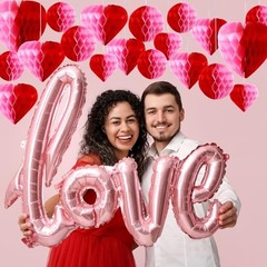 36 Pcs Valentine Heart Honeycomb Decorations Pom Poms Pink Red Combination