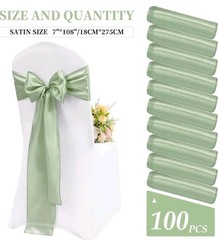 100 Pieces Sage Green Satin Chair Sashes for Wedding Reception Party Hotel Home