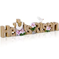 Maitys He is Risen Table Top Decoration Christian Resin Sign Cross Dove Natural