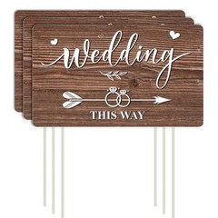 Lesnala 3Pcs Double Sided Wedding this Way Sign 14.2 x 8.5 inches, Brown-3PCS