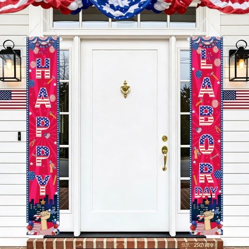 2 Pcs Party Decoration, Happy Door Banner, Patriotic Star Stripes Labor Day