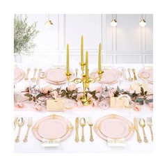 YOUBET 700PCS Pink Plastic Plates – Pink and Gold Plates – Luxury Pinks Plast…