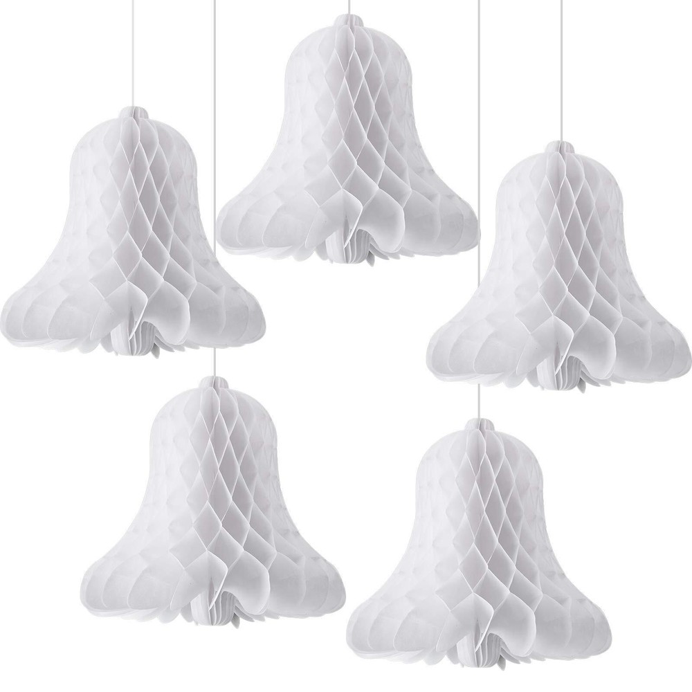 WILLBOND 5 Pieces Paper Wedding Bells White Hanging Big Heavy Honeycomb Bells