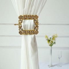 2 Gold 6″ Square Plastic CURTAIN TIE Backs Baroque Design Acrylic Crystals Party