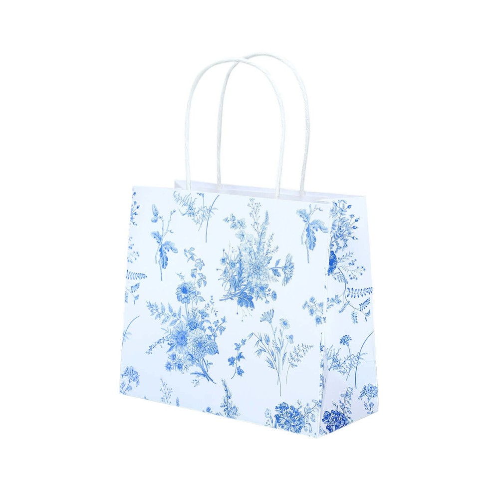 12 White Blue French Toile Paper Gift Bags with Handles Decorations