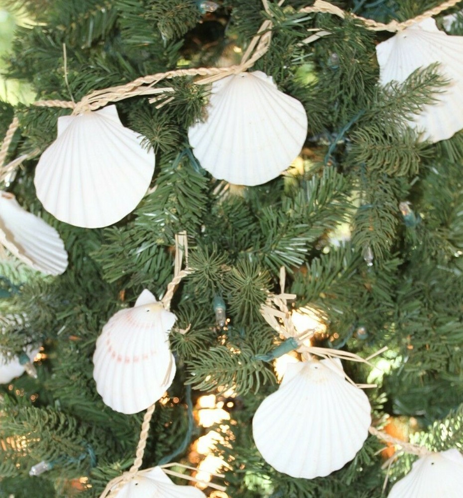 Large Seashell Christmas Tree Garland, White Irish Cups Raffia – 68″+ G-25