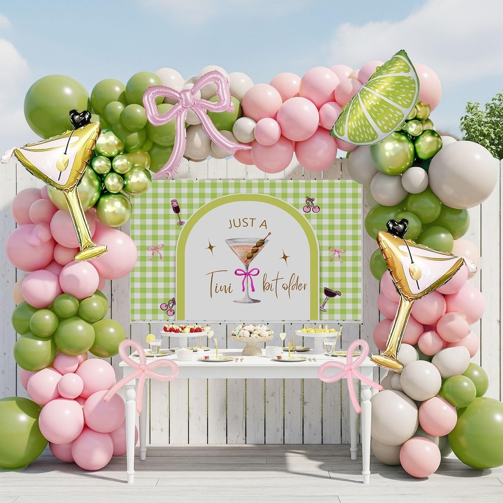 A Tini Bit Older balloon garland arch kit with Pink oilve green balloons Lemo…