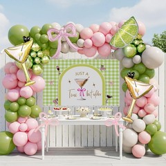 A Tini Bit Older balloon garland arch kit with Pink oilve green balloons Lemo…