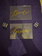 Style Me Pretty Clear Bride & Groom Signs w/ Bases, Gold Text Wedding Decor