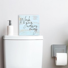 Funny Rustic Blue Wood Sign – Wash Your Worries Away – Wood Block Sign for Sh…