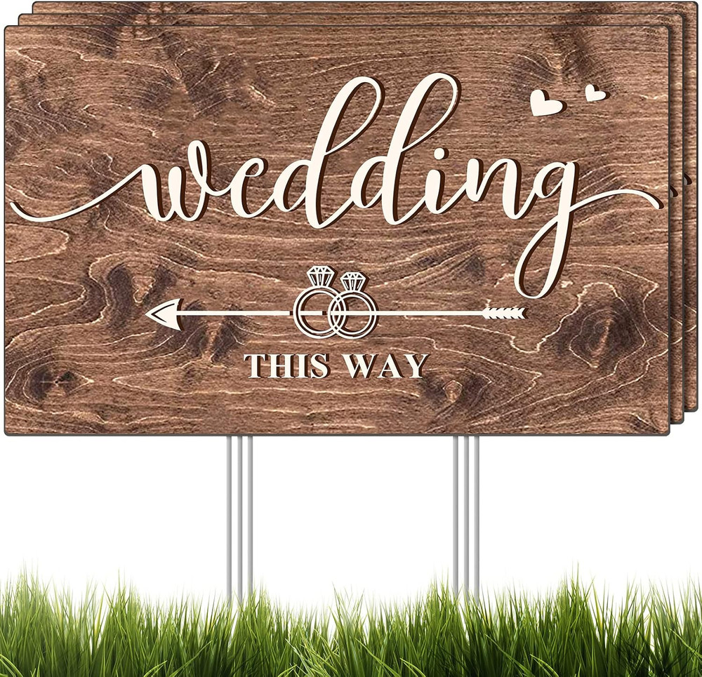 Wedding This Way Sign – 3 Pack Double-Sided Direction Arrow Yard Signs with M…