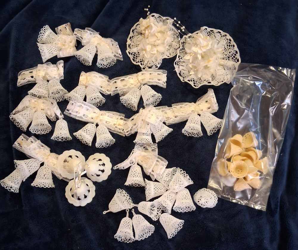 Lot of Vintage Wedding Decorations – White Lace Bows, Plastic Bells & Floral App