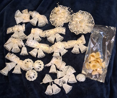 Lot of Vintage Wedding Decorations – White Lace Bows, Plastic Bells & Floral App