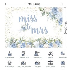 Rsuuinu Miss to Mrs Backdrop Blue Floral Gold Dots Bridal Shower 7x5ft,