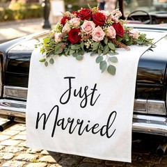 Just Married Wedding Car Banner Linen Sign Decorations 24×60 In Wedding Decor