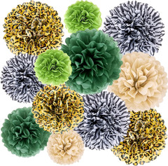 Jungle Safari Party Tissue Pompom Wild Animal Leopard Zebra Print Decor Sage Gre
