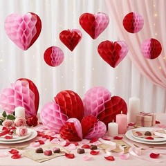 36 Pcs Valentine Heart Honeycomb Decorations Pom Poms Pink Red Combination
