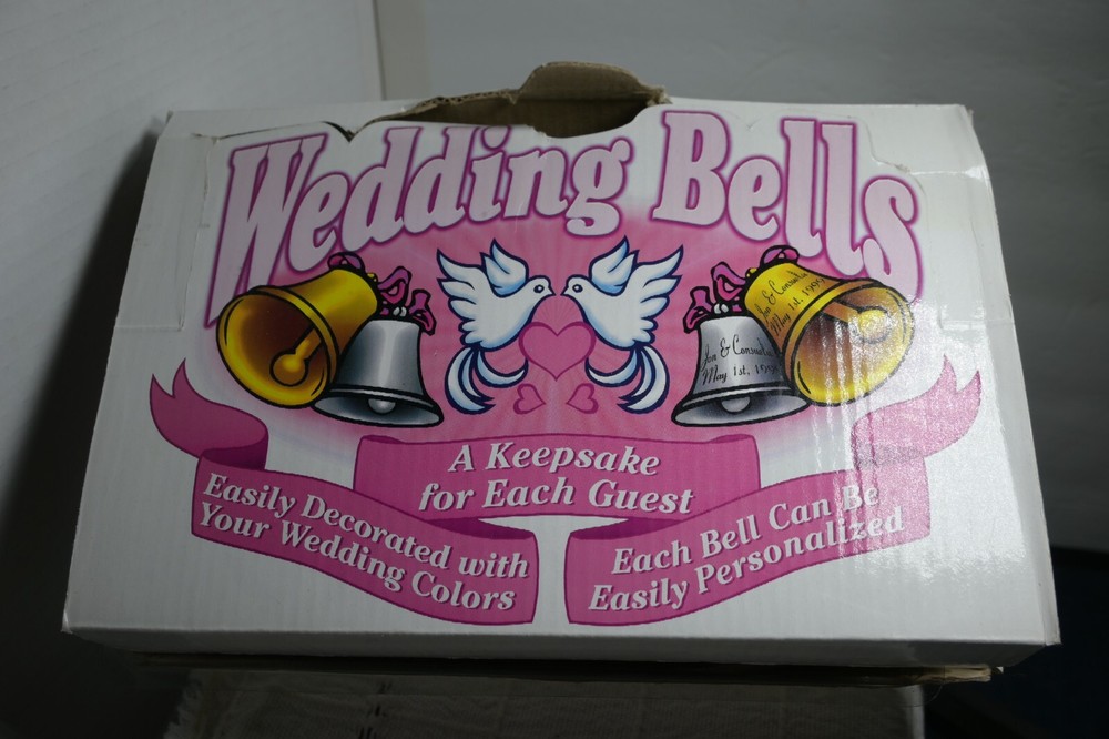 Wedding Bells box of white bells set of 24 with wedding cards for guests