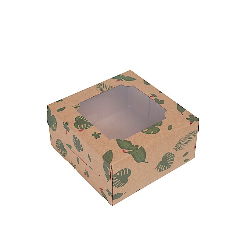 12 Brown Green 6″ Tropical Leaf Dessert Bakery Cake Boxes Window Party Supplies