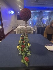 Ling’s Moment Burgundy Navy Flower Runner, fabric arch & table linen & candles