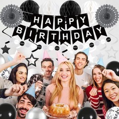 69Pcs Birthday Decorations Black Happy Birthday Banner Balloons Paper Fans Ho…