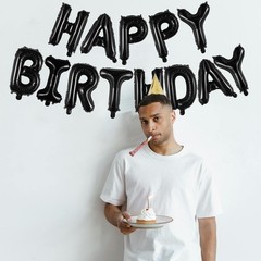 Mylar Foil Happy Birthday Banner – 16 Inch Black Balloons, Birthday Sign, Par…